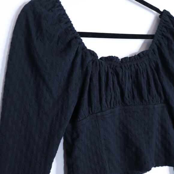 FREE PEOPLE Ladybug Long Sleeve Top Black Textured Ruffle Crop Women's S - Picture 5 of 10